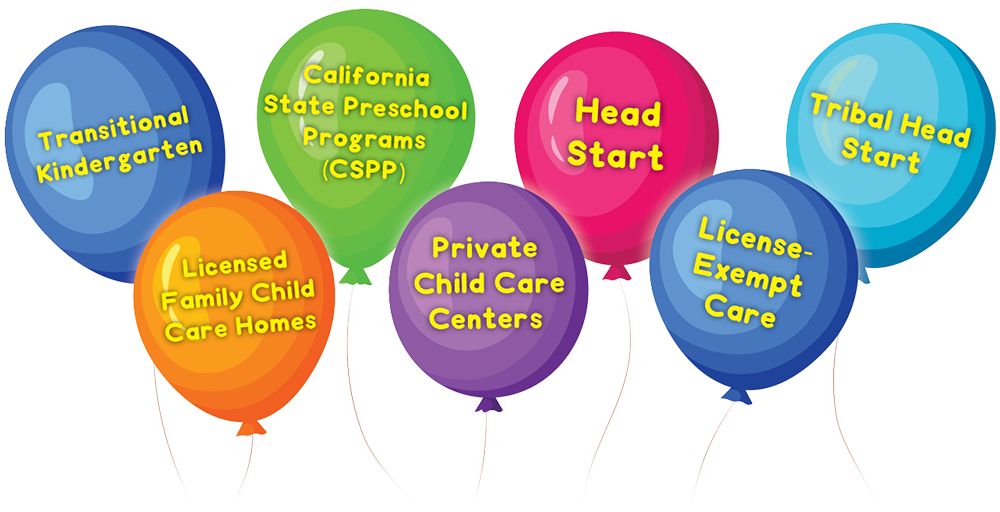 Illustration of balloons with childcare types listed on each balloon.